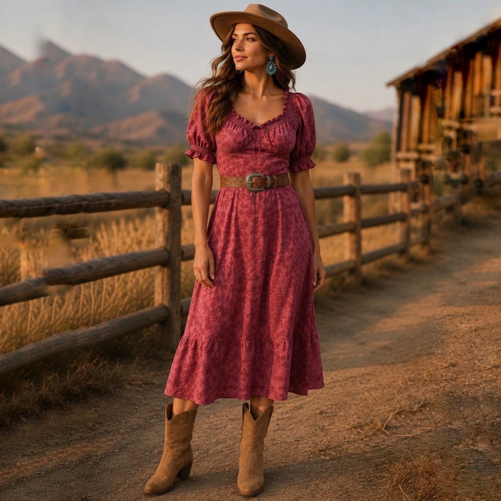 Current Air Mariah Jacquard Midi Dress Anthropologie Mauve Puff Sleeve Boho XXSP